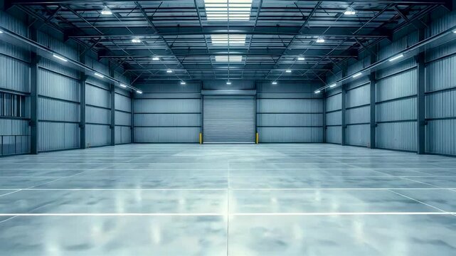 Spacious empty industrial warehouse interior with polished floor, steel structure, bright lighting, symmetrical perspective and clean facility