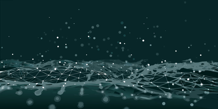 Abstract network landscape with glowing nodes and connected lines on dark background