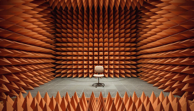 Acoustic anechoic chamber interior lined with orange soundproofing foam wedges