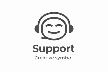 Simple line art depicts a smiling face wearing headphones for support