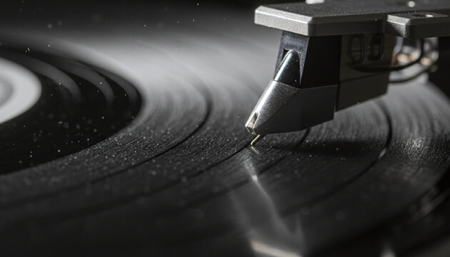 Extreme macro of diamond turntable stylus needle tracking vinyl record grooves