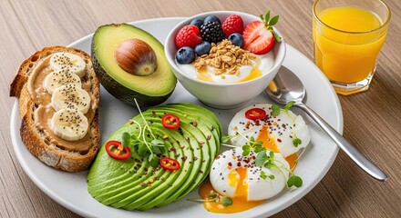 Healthy Breakfast Plate: Avocado Toast, Poached Eggs, Yogurt Bowl, and Orange Juice