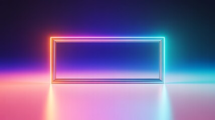Fototapeta premium Empty rectangular neon frame glowing with vibrant pink, orange, and blue light