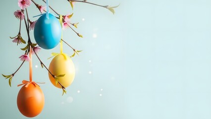 Fototapeta premium Vibrant easter eggs hanging from blossoming branches on chinese new year holiday