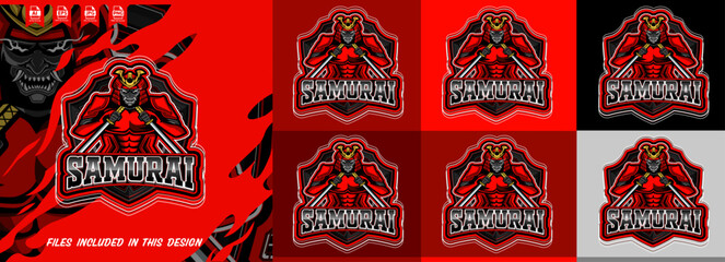 Samurai e-sports mascot logo design with red armor warrior dual swords shield emblem vector template. Perfect for e-sports teams, gaming clans, brands, streetwear, apparel, and gaming merchandise.eps 