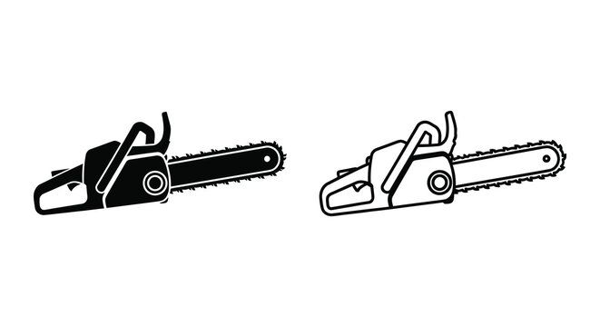Detailed depictions of two chainsaw tools in a stark black and white silhouette