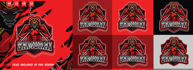 Samurai e-sports mascot logo design with red armor warrior dual swords shield emblem vector template. Perfect for e-sports teams, gaming clans, brands, streetwear, apparel, and gaming merchandise. 