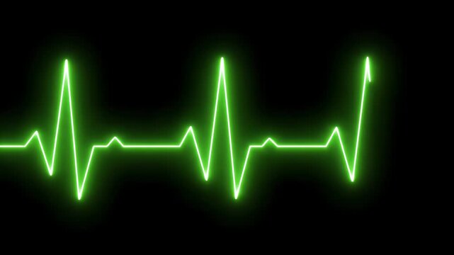 Green Neon Heartbeat Pulse - A vibrant green heartbeat line pulses across a stark black background. The graphical representation displays regular heart activity.