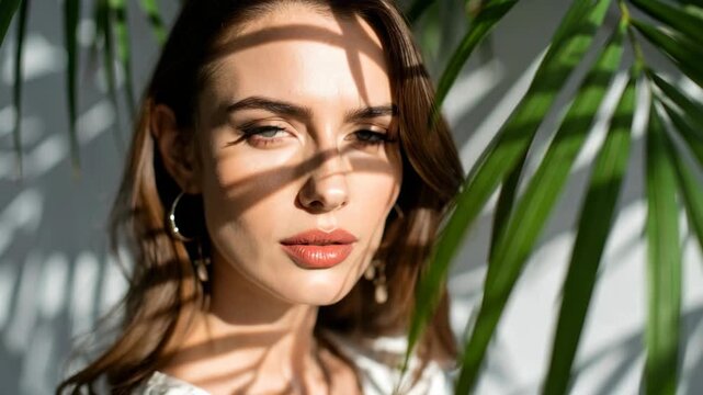 Intense portrait of serene young female model posing with palm leaves casting shadows across face, wearing jewelry, with soft sunlight