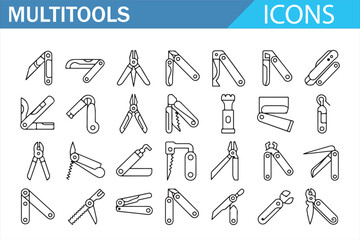 Fototapeta premium Utility Multitool Line Icons for Construction and Maintenance