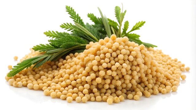 A generous mound of raw, small, round fregola pasta and fresh green herbs, prominently displayed on a clean white background.