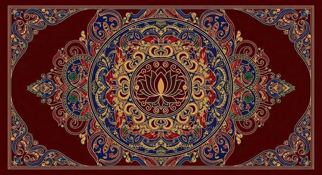 Intricate Mandala Design with Lotus Flower on Red Background, Oriental Pattern