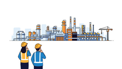 Two engineers in hard hats and safety vests observe a sprawling industrial factory complex with multiple buildings, smokestacks, and pipelines, representing industrial...