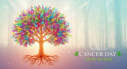 Vibrant tree of hope for world cancer day awareness with colorful leaves and roots symbolizing unity and resilience
