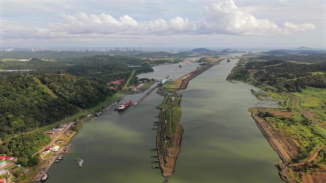 Panama Canal aerial view with ships and lock system