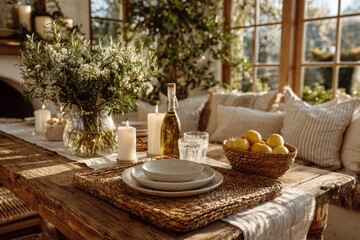 Minimal Elegant Table Setting with Candles and Greenery