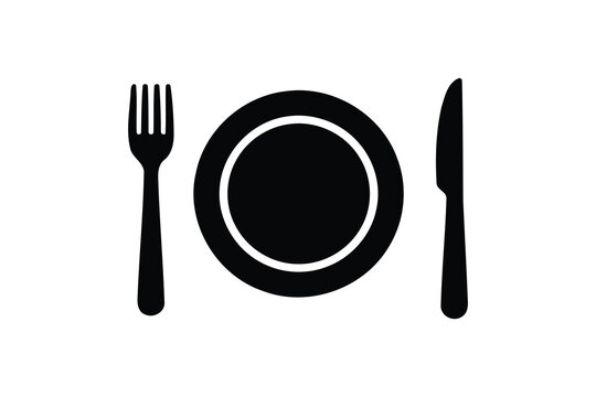simple black icon of plate,fork,and knife for dining