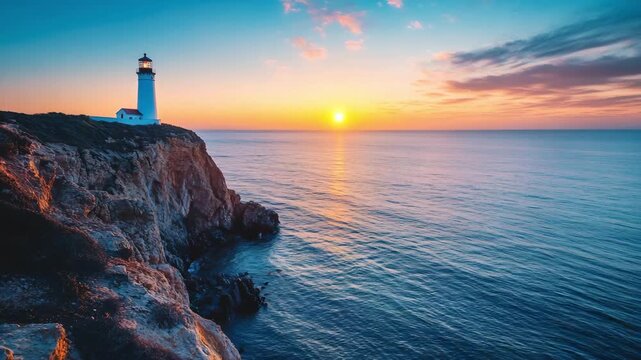 Lighthouse on Cliff at Sunset Over Calm Ocean Dramatic Coastal Travel and Maritime Landscape Concept