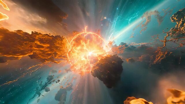 Massive cosmic energy eruption in deep space with glowing plasma clouds, celestial light burst, and dramatic interstellar atmosphere