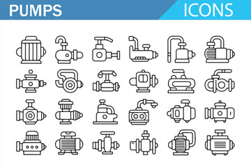 Industrial pump icons set in black outline style featuring water, oil, hydraulic and mechanical pumps for engineering, plumbing, factory systems and industrial equipment concepts