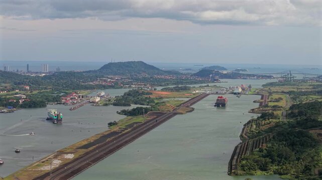 Panama Canal aerial view with ships and lock system