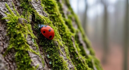 Obraz premium Ladybug on mossy tree bark in forest
