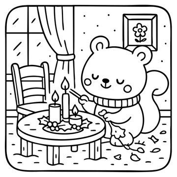A cute squirrel coloring candles on a table surrounded by decor, creating a cozy atmosphere in a whimsical indoor setting.