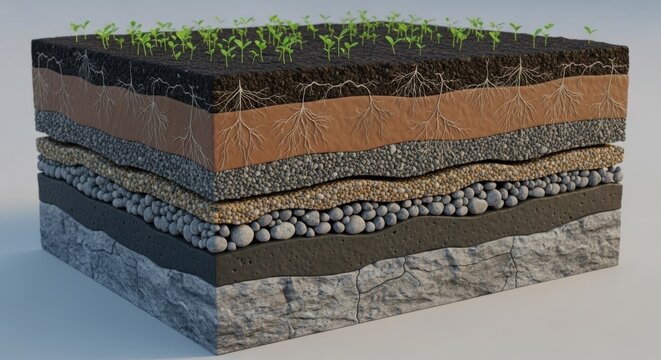 Soil layers with green seedlings growing on top