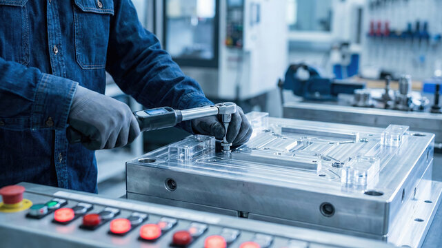 Industrial worker using a digital torque wrench on a metal mold in a modern manufacturing factory.