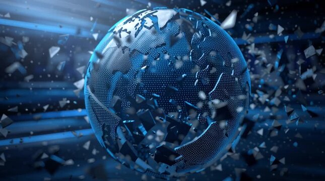 News studio globe graphic subtly cracking into fragments on a digital screen. Conceptual broadcast image symbolizing global instability, media tension, or breaking world events.