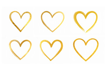 set of golden hand drawn heart. paint brush stroke gold heart design element for Valentines Day card.