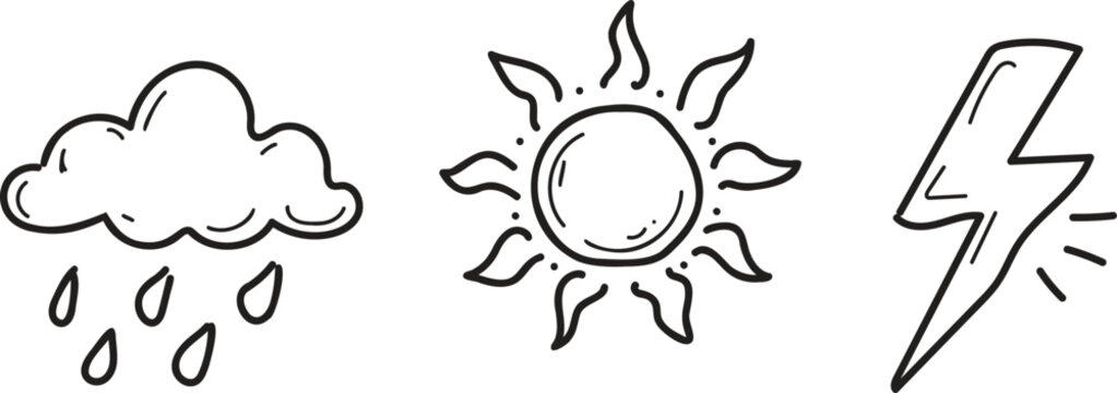 Hand drawn weather icon set with rain cloud sun and lightning bolt