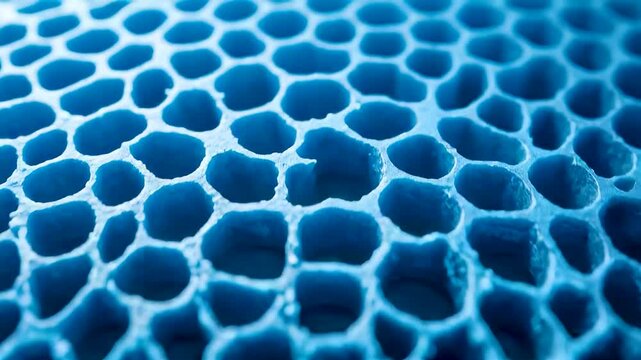 Blue organic cellular surface with repeating hexagonal pores and soft depth creating a detailed abstract texture inspired by natural microstructures
