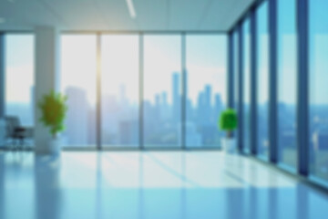 Blurred background of modern office with window and city skyline