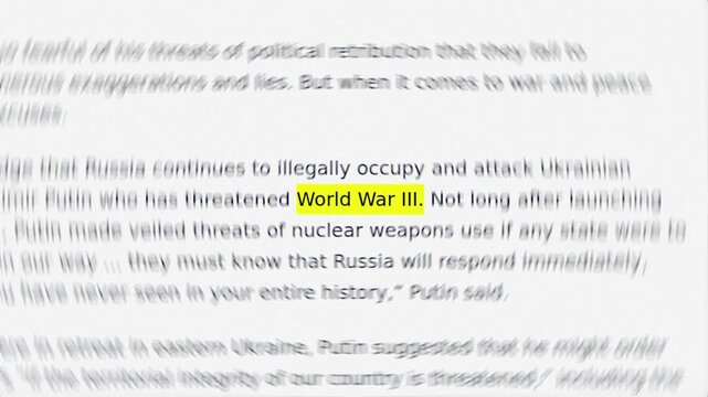 Headline news mention World War III across international media. Breaking news global media, with circular blur and noisy effect.