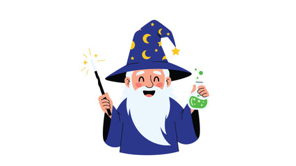 Obraz premium Friendly wizard with a long white beard and a blue hat with stars holds a magic wand and a green potion bottle in this whimsical fantasy design.