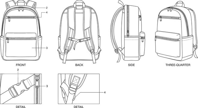 Technical Backpack Illustration Featuring Front, Back, Side, Three-Quarter Views and Detail Panels of Strap, Zipper, and Buckle