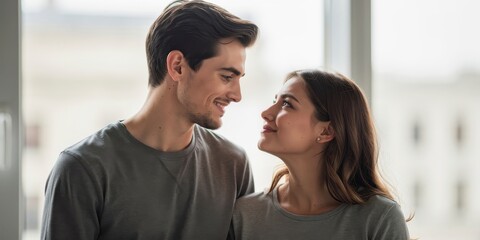 Fototapeta premium A couple shares a warm gaze, showcasing connection and affection in a cozy indoor setting with natural light.