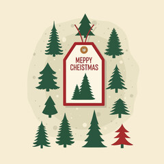 Obraz premium Merry Christmas, festive evergreen trees, holiday gift tag, red and green vector icons, Christmas decorations, seasonal graphics