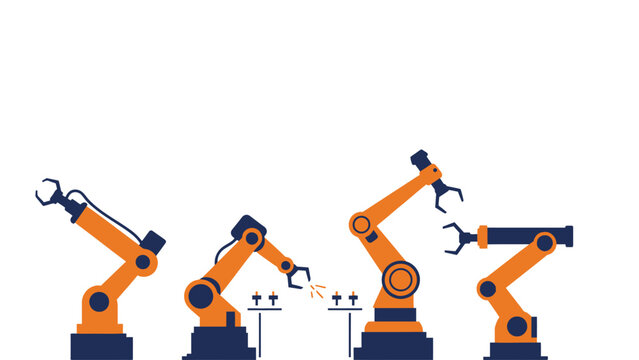 Industrial robots working on a production line with welding sparks