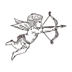 Naklejka premium Illustration of a cute vintage cupid shooting an arrow, hand-drawn in black and white graphic style. Romantic and retro decorative element for Valentine, love, or vintage-themed projects.