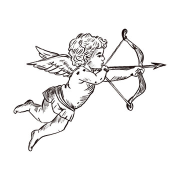 Illustration of a cute vintage cupid shooting an arrow, hand-drawn in black and white graphic style. Romantic and retro decorative element for Valentine, love, or vintage-themed projects.