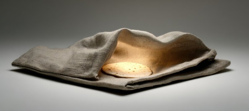 afikoman pouch with hidden glowing matzah half in studio setting