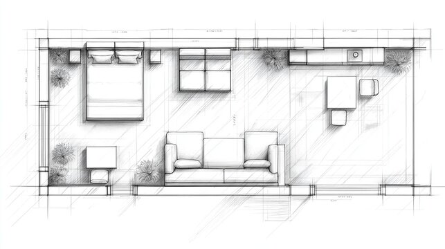 Architectural floor plan blueprint detail with furniture sketches. Home interior design