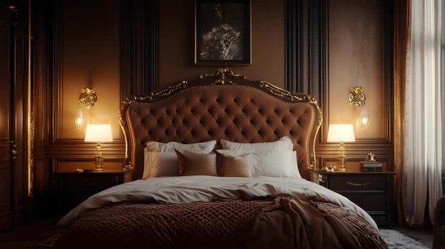Luxury Classic Bedroom with Ornate Tufted Headboard and Warm Lighting Elegant Interior Design Concept