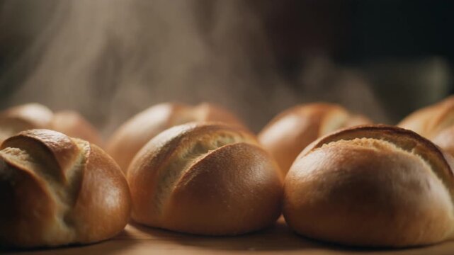 A cinematic ultra-realistic slider shot across warm bread rolls with s