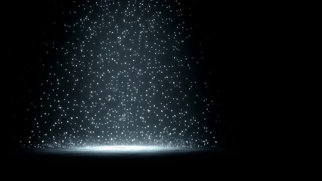 Abstract scene of complete darkness with a single luminous form dissolving into particles of light, symbolizing detachment, transcendence, and spiritual silence. No visible environment.

