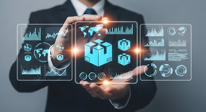 Person holding holographic screens with data and shipping boxes charts