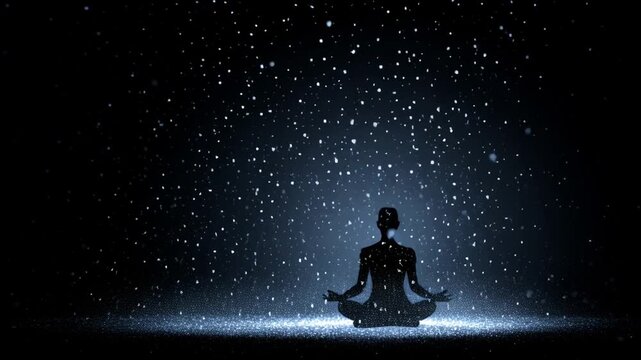 Abstract scene of complete darkness with a single luminous form dissolving into particles of light, symbolizing detachment, transcendence, and spiritual silence. No visible environment.
