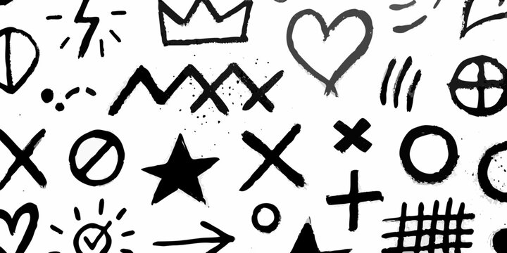 Black and white doodles featuring hearts stars and abstract shapes